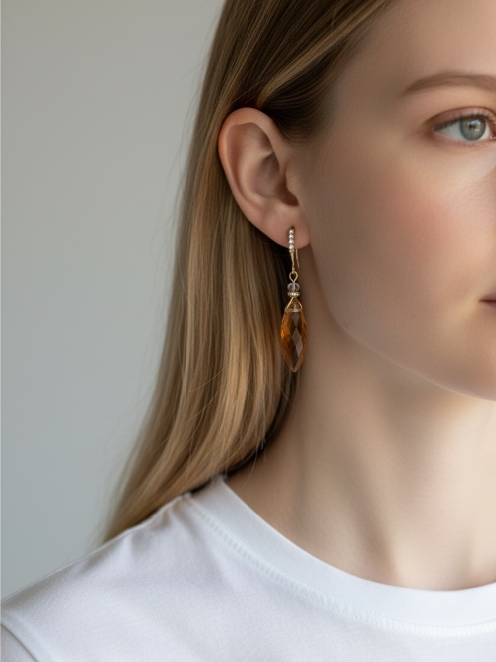 10/9 Gold Drop Earrings with Amber Crystal Dangle